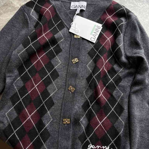 ๐๐Ganni Gray Argyle Cardigan For Women - Picture 5 of 9